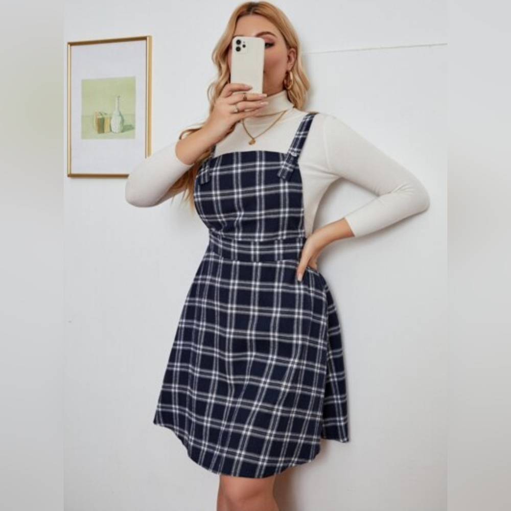 Navy Blue Plaid Overall Dress